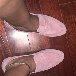 Pink suede loafers